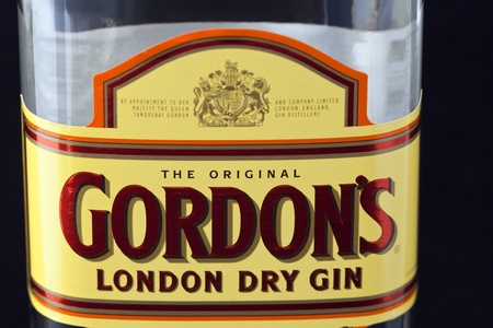 Kiev, Ukraine - June 05, 2011: Special Gordon's London Dry Gin bottle label against black...