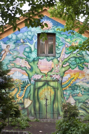 Copenhagen, Denmark - May 28, 2010: Mural in famous Freetown Christiania, a self-proclaimed autonomous neighbourhood of about 850 residents in the borough of Christianshavn in Copenhagen, Denmark.のeditorial素材