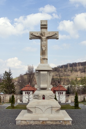 Stone crucifix in orthodox monastery Curchi, Republic of Moldova.の写真素材
