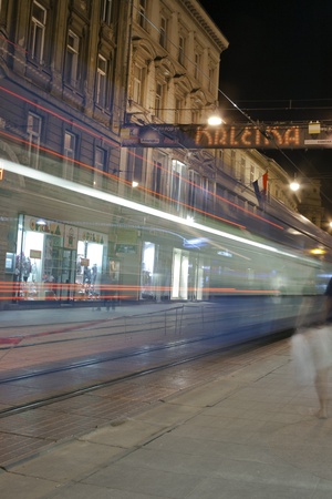 ZAGREB, CROATIA - AUGUST 21: Blured transport motion at night on Ilica street on August 21, 2012 in Zagreb, Croatia. Ilica street is one of the longest streets in Zagreb and considered to be the most expensive residential street in the city. のeditorial素材