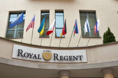KARLOVY VARY, CZECH REPUBLIC - NOVEMBER 13: Luxury spa Royal Regent Hotel facade with set of...