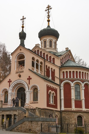 Russian Orthodox Church of St Vladimir was built in the years 1900â1902. Church famous for its interior with richly decorated majolica iconostasis created for the World Exhibition in Paris in 1900. Marianske Lazne, Czech Republic.のeditorial素材