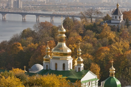 Kiev overview with Dnieper river, Paton bridge, Kiev Pechersk Lavra and Vydubichi monastery.
