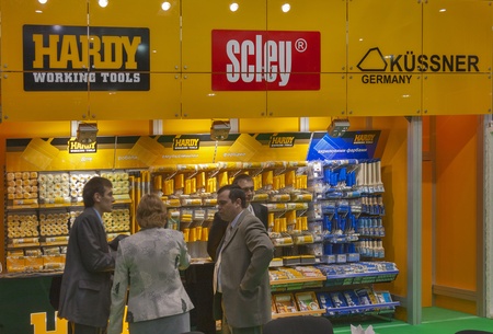 Kiev, Ukraine - March 30, 2012: Visitors visit Hardy, Scley and Kussner companies booth during 3rd...