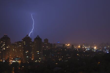 Lightening strikes a city at night  Kiev, Ukraine 