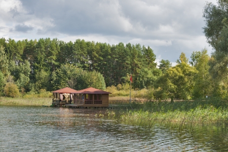 landscape with pavilions to stay in the reservoirの写真素材