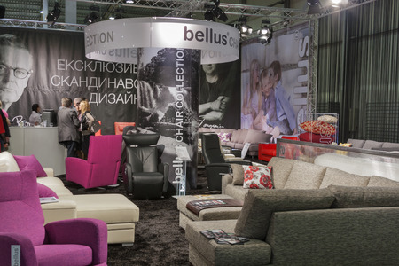 Visitors visit Bellus booth during Kyiv International Furniture Forum  KIFF  in KYIVEXPOPLAZA Exhibition Center on March 14, 2012 in Kiev, Ukraine  Bellus Furniture is Estonias biggest manufacturer of upholstered furniture のeditorial素材