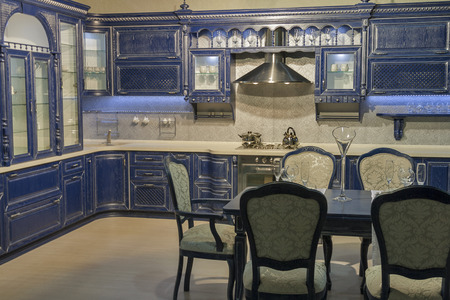 blue vintage kitchen furniture in a residential houseのeditorial素材