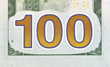 Number 100. Hundred dollars bill fragment macro, new edition.