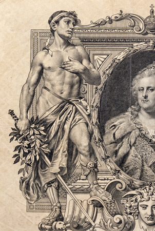 Russian Empire banknote 100 rubles fragment. Version of 1910 year. Front with portrait of Catherine the Great.の写真素材