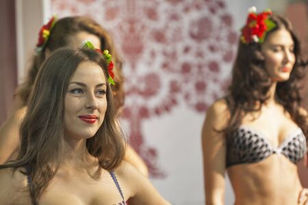 KIEV, UKRAINE - AUGUST 28, 2014: Fashion lingerie models at Kyiv Fashion 2014 show in KyivExpoPlaza exhibition center. It was the 27th edition of the popular Kyiv Fashion International Vogue Festival.のeditorial素材