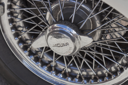 NOVIGRAD CROATIA  SEPTEMBER 13 2014: Vintage disk gear car Jaguar wheel on 5th International Old Timer Car Rally. The event organized by the old timer club Eppur si muove from Umag.のeditorial素材