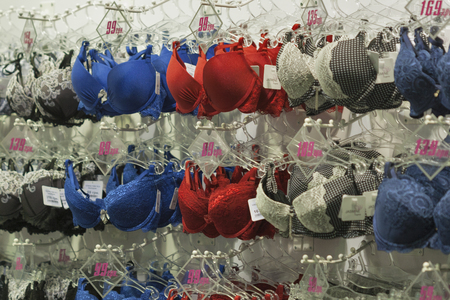 KIEV UKRAINE  AUGUST 28 2014: Jasmine lingerie trade booth at Kyiv Fashion 2014 show in KyivExpoPlaza exhibition center. It was the 27th edition of the popular Kyiv Fashion International Vogue Festival.のeditorial素材