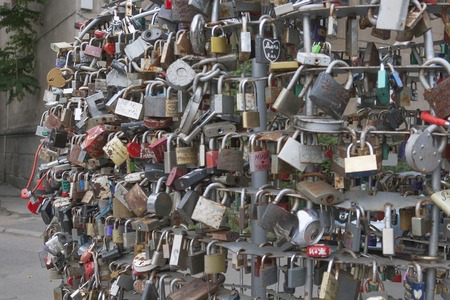 Many love padlocks hanging in Odessa, Ukraineのeditorial素材