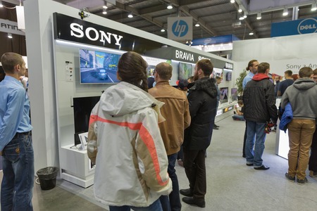 KIEV, UKRAINE - OCTOBER 11, 2015: People visit Sony Bravia, electronics manufacturer company booth during CEE 2015, the largest electronics trade show of Ukraine in ExpoPlaza Exhibition Centerのeditorial素材