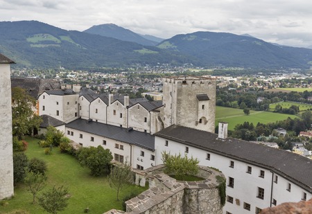 Ancient towers and building inside of fortress Hohensalzburg in Salzburg, Austria.のeditorial素材