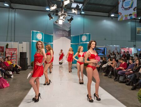 KIEV, UKRAINE - FEBRUARY 05, 2016: Anabel Arto lingerie show model at Kyiv Fashion 2016 in KyivExpoPlaza exhibition center. It was 30th edition of popular Kyiv Fashion International Vogue Festival.のeditorial素材