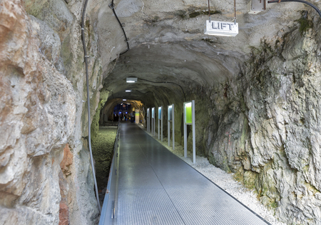 GRAZ, AUSTRIA - SEPTEMBER 11, 2015: Tunnel to the elevator under Castle Schlossberg hill. The hill is now a public park and enjoys extensive views of the Graz city.のeditorial素材