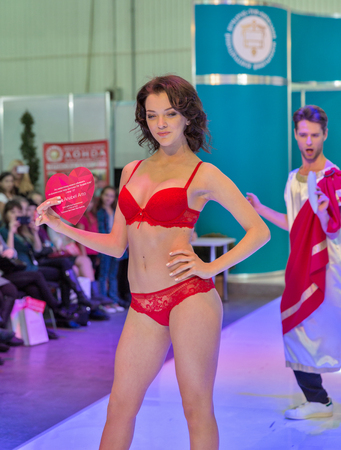 KIEV, UKRAINE - FEBRUARY 04, 2016: Anabel Arto lingerie show model at Kyiv Fashion 2016 in KyivExpoPlaza exhibition center. It was 30th edition of popular Kyiv Fashion International Vogue Festival.のeditorial素材