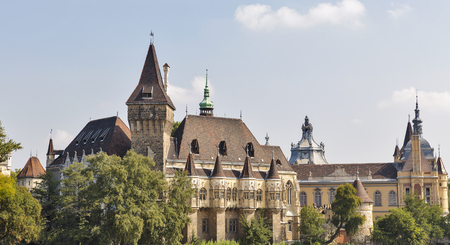 Vajdahunyad Castle in the City Park of Budapest, Hungary. It is designed in different styles: Romanesque, Gothic, Renaissance and Baroque.のeditorial素材