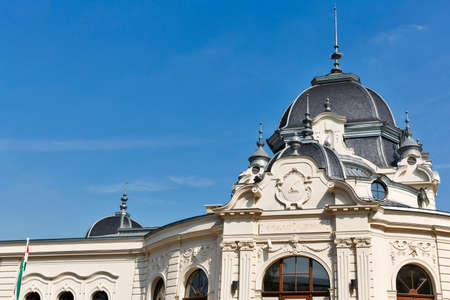 Old building facade of City Park ice rink and boating lake in Budapest, Hungary. City Park is...