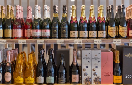 KIEV, UKRAINE - JUNE 04, 2016: Champagne and sparkling wine from different manufacturers presented on the store shelves at Kyiv Wine Festival organized by Good Wine company in Parkovy Exhibition Centerのeditorial素材