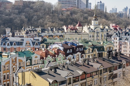 Small colored buildings in Kiev, Ukraine. Taken in Vozdvizhenka District.