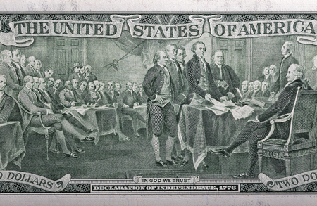 Declaration of independence, 1776 on the back of a two dollar bill closeupの写真素材