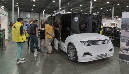 KIEV, UKRAINE - JUNE 10, 2016: Visitors visit Electric Marathon International booth with Synchronous...