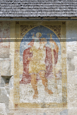 Ancient fresco on the wall of St John church on the Bohinj lake, Julian Alps in Sloveniaの写真素材