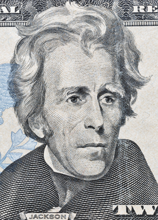 Portrait of the 7th US President Andrew Jackson on twenty dollar banknote bill macro, front side obverse.の写真素材