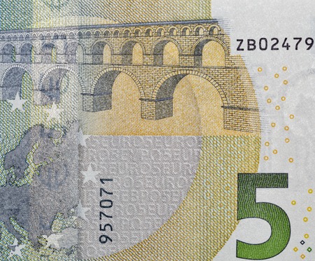 Five Euro banknote fragment closeup, back sideの写真素材