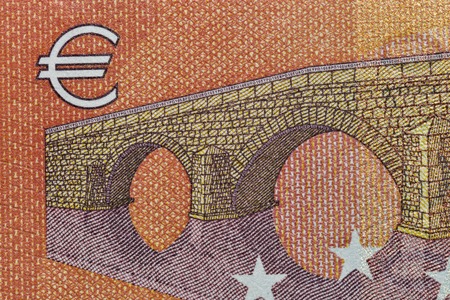 Ten Euro banknote fragment with Euro symbol closeup, back side