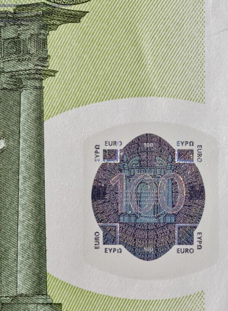 One hundred Euro banknote fragment closeup, front sideの写真素材