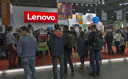 KIEV, UKRAINE - OCTOBER 09, 2016: Unrecognized people visit Lenovo, a Chinese multinational technology company booth during CEE 2016, the largest electronics trade show of Ukraine in KyivExpoPlaza EC.のeditorial素材