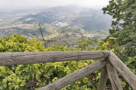 San Marino landscape view with wooden fence from mountain Titanoの写真素材