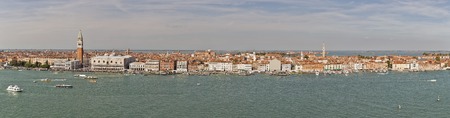 Venice lagoon with cityscape aerial panorama, Italy. Venice landmarks aerial view of Piazza San Marco or St Mark square, Campanile and Ducale or Doge Palace., Italy.の写真素材