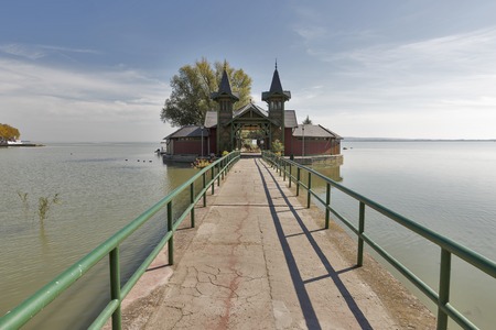 Bath island Szigetfurdo and long bridge on the lake Balaton in Keszthely, Hungary.の写真素材