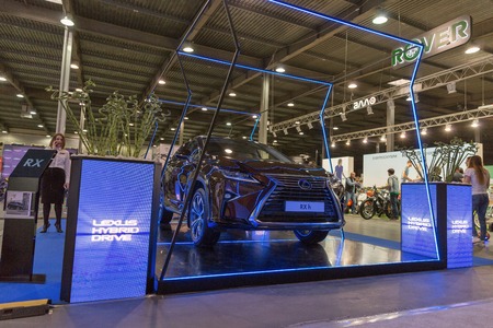 KIEV, UKRAINE - APRIL 07, 2017: Lexus RX h hybrid car booth at 2nd International Trade Show of Electric and Hybrid Vehicles Plug-In Ukraine in KyivExpoPlaza venue.のeditorial素材