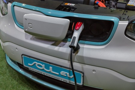KIEV, UKRAINE - APRIL 07, 2017: Kia Soul EV hybrid car booth logo closeup at 2nd International Trade Show of Electric and Hybrid Vehicles Plug-In Ukraine in KyivExpoPlaza venue.のeditorial素材