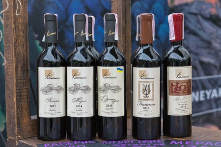 KIEV, UKRAINE - MAY 13, 2017: Booth of Ukrainian winery Kolonist on Kyiv Food and Wine Festival in National Expocenter, a permanent multi-purpose exhibition complex in the Teremky neighborhood.のeditorial素材