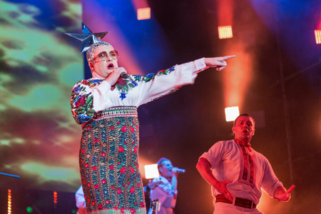 KIEV, UKRAINE - JUNE 28, 2017: Popular Ukrainian dance comedy singer Andriy Danylko better known for his drag stage persona Verka Serduchka performs at Atlas Weekend Festival in National Expocenter.のeditorial素材