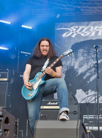 KIEV, UKRAINE - JULY 02, 2017: Ukrainian stoner rock band Stoned Jesus and its guitarist Igor Sydorenko and drummer Sergii Sliusar performs live at the Atlas Weekend Festival in National Expocenter.のeditorial素材