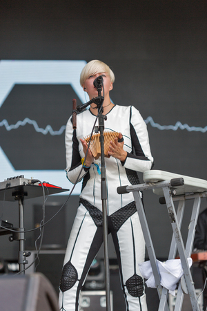 KIEV, UKRAINE - JUNE 29, 2017: Popular Ukrainian experimental electro folk band ONUKA and its leader and vocalist Nata Zhyzhchenko live performs at the Atlas Weekend Festival in National Expocenter.のeditorial素材