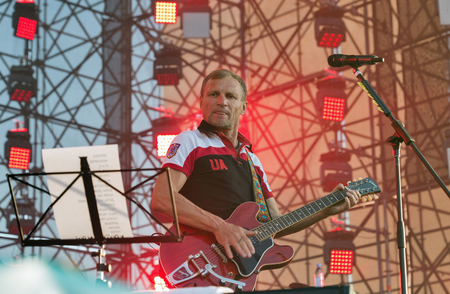 KIEV, UKRAINE - JUNE 28, 2017: Popular Ukrainian rock band Vopli Vidopliassova and its frontman, vocalist and guitarist Oleh Skrypka performs live at the Atlas Weekend Festival in National Expocenter.のeditorial素材