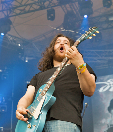 KIEV, UKRAINE - JULY 02, 2017: Ukrainian stoner rock band Stoned Jesus and its frontman and guitarist Igor Sydorenko performs live at the Atlas Weekend Festival in National Expocenter.のeditorial素材