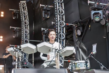 KIEV, UKRAINE - JUNE 29, 2017: Popular Ukrainian experimental electro folk band ONUKA and its percussionist Mariya Sorokina live performs at the Atlas Weekend Festival in National Expocenter.のeditorial素材