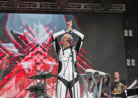 KIEV, UKRAINE - JUNE 29, 2017: Popular Ukrainian experimental electro folk band ONUKA and its leader and vocalist Nata Zhyzhchenko performs at the Atlas Weekend Festival in National Expocenter.のeditorial素材