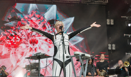 KIEV, UKRAINE - JUNE 29, 2017: Popular Ukrainian experimental electro folk band ONUKA and its leader and vocalist Nata Zhyzhchenko performs at the Atlas Weekend Festival in National Expocenter.のeditorial素材