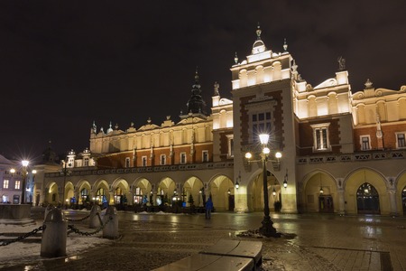 KRAKOW, POLAND - JANUARY 12, 2017: Night facade of Cloth Hall or Sukiennice building on Main Market square in the Old Town. Krakow is the second largest and one of the oldest cities in Poland.のeditorial素材